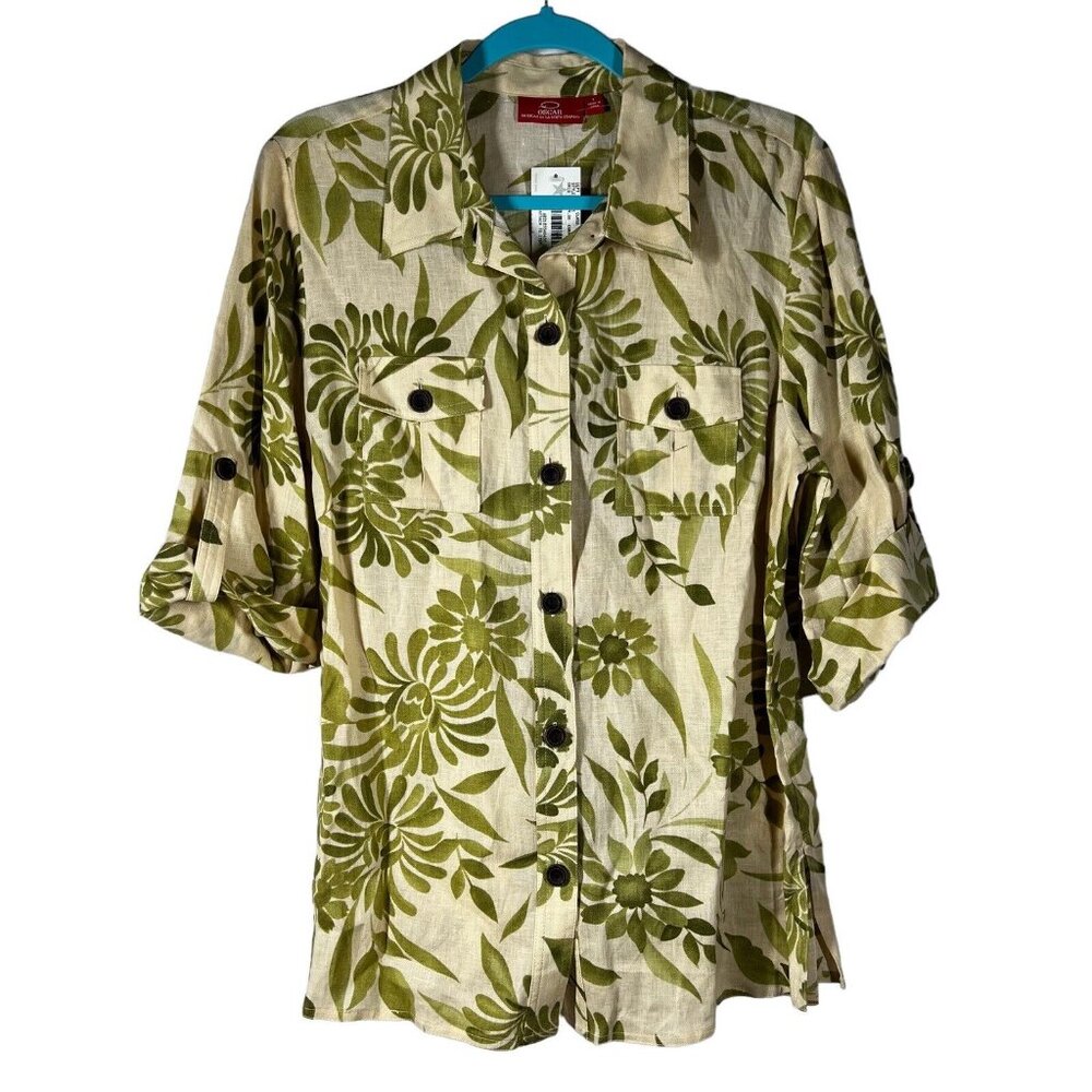 Oscar de la Renta Women Print Linen Short Sleeve Button Front Blouse tropical L